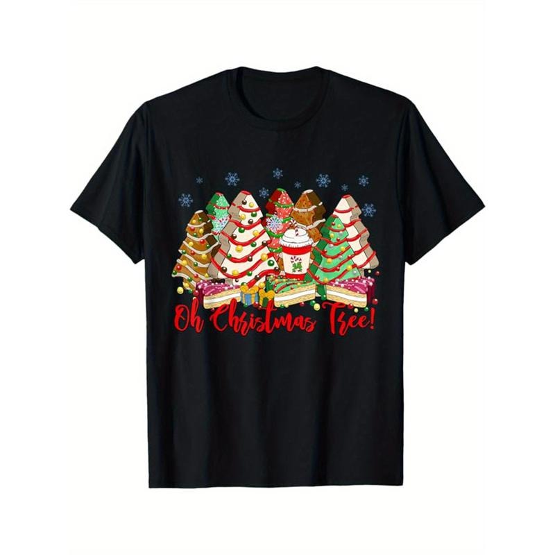 Christmas Tree Print Men's Cotton T-shirt, Graphic Tee Men's Xmas Outdoor Clothes, Men's Clothing, Casual Short Sleeve...