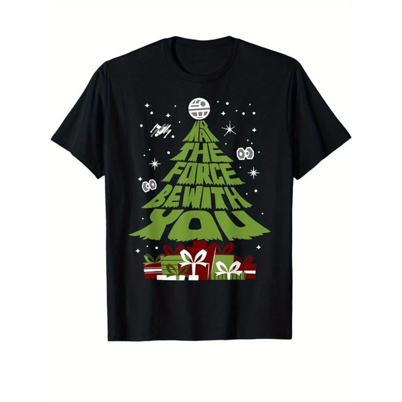 Christmas Tree Print Men's Cotton T-shirt, Graphic Tee Men's Xmas Outdoor Clothes, Men's Clothing, Casual Short Sleeve...