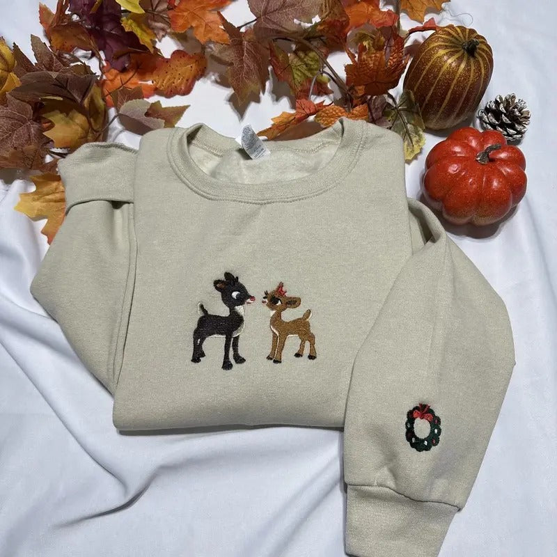 Christmas sweatshirt with wreath embroidered on the sleeve; Christmas embroidered crewneck T-Shirts, Hoodie | GrindPrints.com
