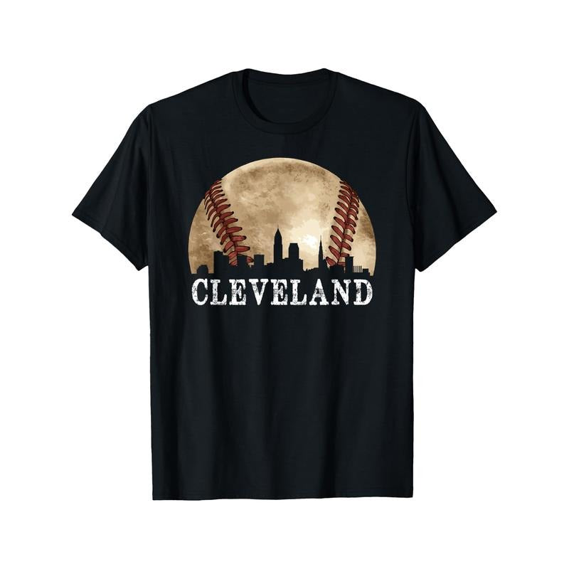 Cleveland Skyline City Vintage Baseball Lover Cotton Fun DIY Soft Breathable Summer Winter Comfortable Casual Sports Halloween Made Usa T-Shirts, Hoodie, Sweatshirt