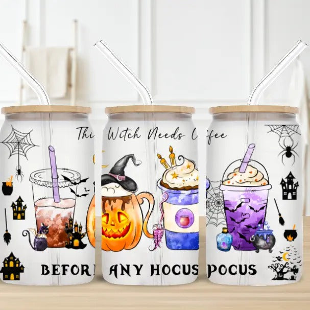 Coffee Before Hocus Pocus 16oz Glass Decorative Glass Straw Halloween "BEFORE ANY HOCUS POCUS" Text T-Shirts, Hoodie, Sweatshirt