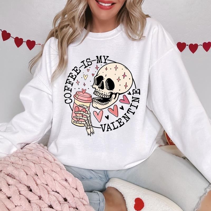 Coffee Is My Valentine Skull Unisex Gildan Sweatshirt T-Shirts, Hoodie | GrindPrints.com