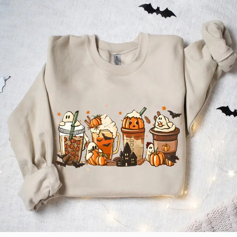 Coffee Pumpkin Halloween Crewneck Sweatshirt Hoodie Tshirt, Halloween 2024 Gifts | GrindPrints.com