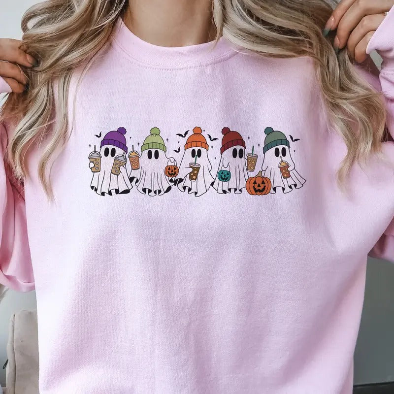 Coffee and Ghost Halloween Sweatshirt Cute Ghost Orange Beanie Pullover Coffee Bats and Ghost Halloween Sweatshirt Beanie...