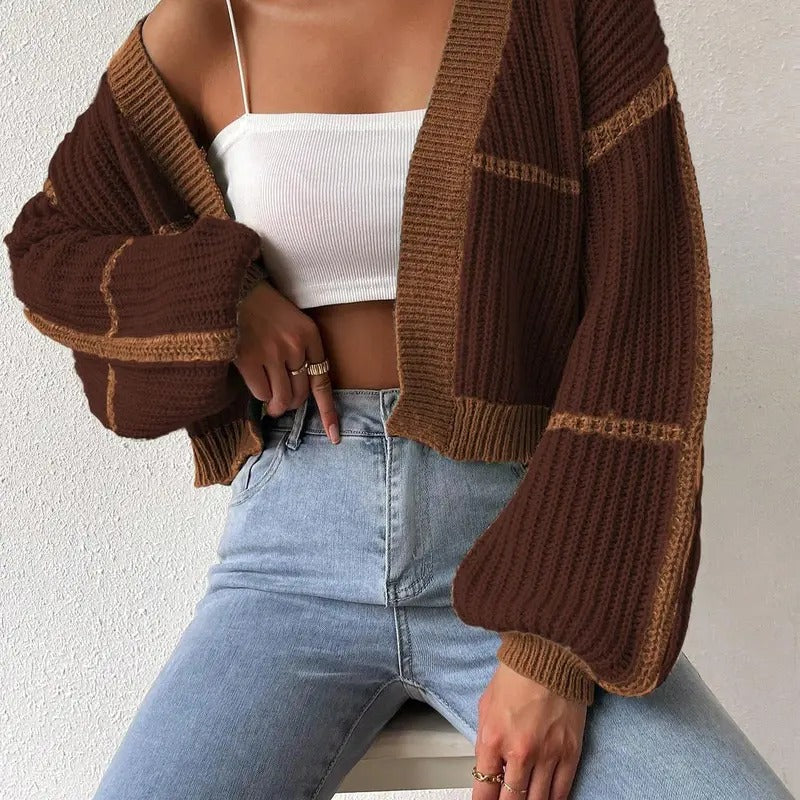 Color Block Crop Cardigan Top Bishop Long Sleeve Open Front Sweater T-Shirts, Hoodie, Sweatshirt | GrindPrints.com