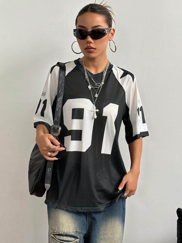 Color Block Oversized Football Jersey Mesh Number Print Short Sleeve Tee Top Hoodie, Sweatshirt | GrindPrints.com