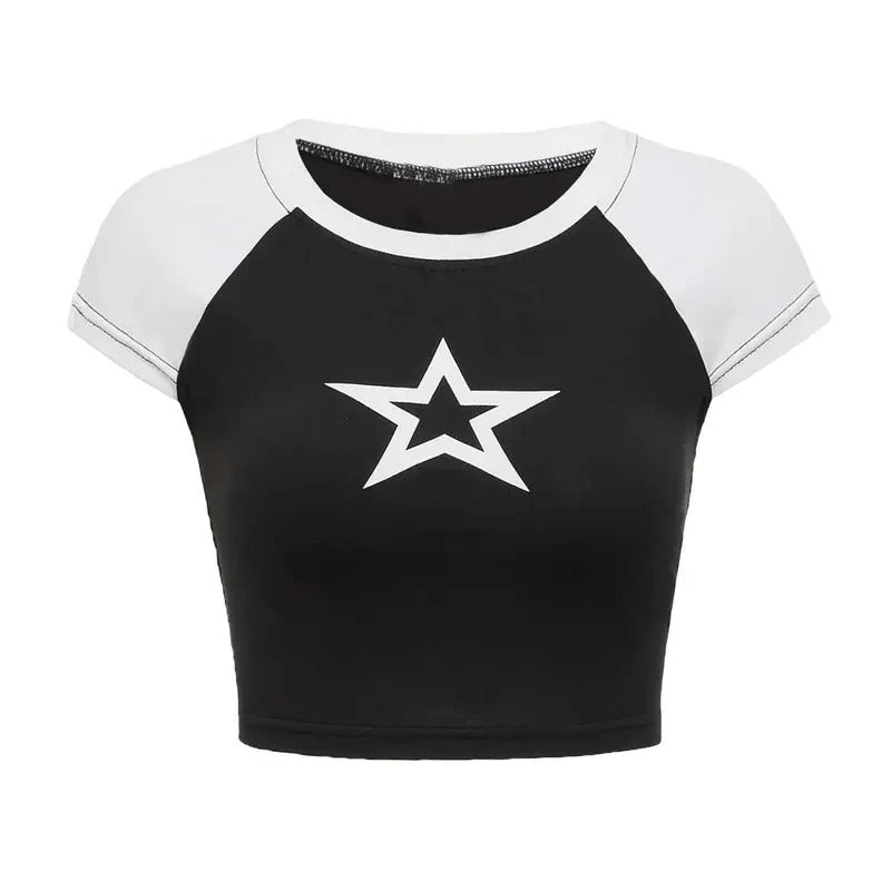 Color Block Star Print Short Sleeve Crop Tops Slim Fit Tee T Shirts Hoodie, Sweatshirt | GrindPrints.com