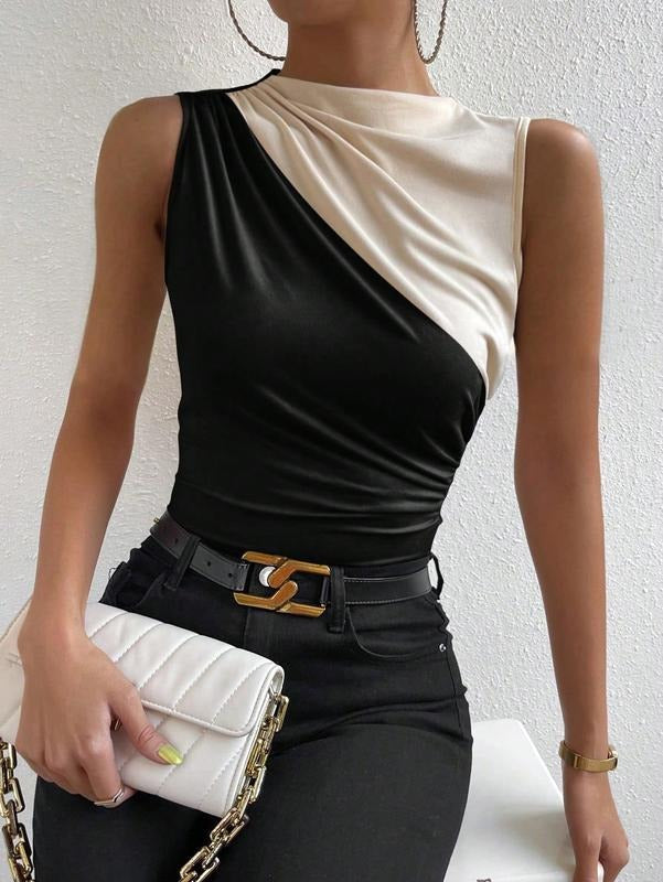 Colorblock Ruched Mock Neck Tank Top Sleeveless Slim Fit Work Shirt TopsY2K Hoodie, Sweatshirt | GrindPrints.com