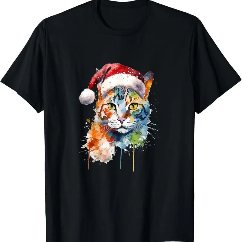 Colorful Cat Wears Santa Hat Kitten Ugly Christmas Pajama T-Shirt Hoodie, Sweatshirt | GrindPrints.com