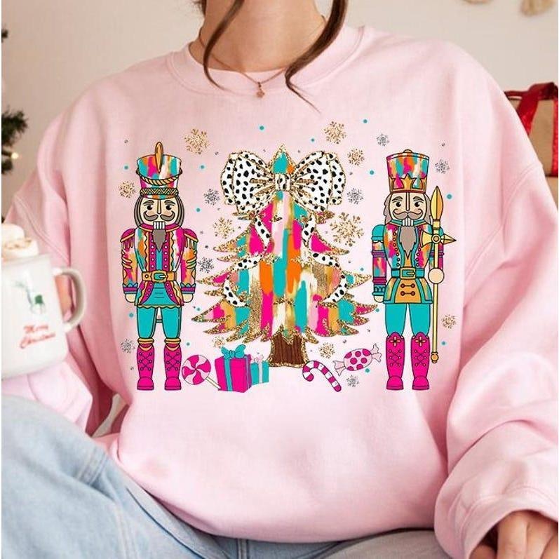 Colorful Coquette Glitter Christmas Tree Nutcrackers Shirt, Girly Christmas Sweatshirt, Hoodie, T