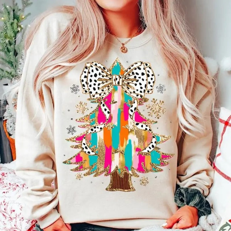 Colorful Coquette Glitter Christmas Tree Png, Girly Christmas Tree Design, Bright Color Christmas Coquette Bow Dalmantian...