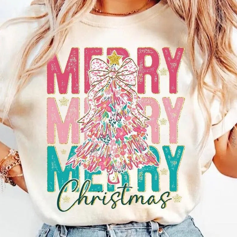Colorful Coquette Glitter Pink Floral Christmas Tree Coquette, Christmas Sweatshirt, Hoodie, T