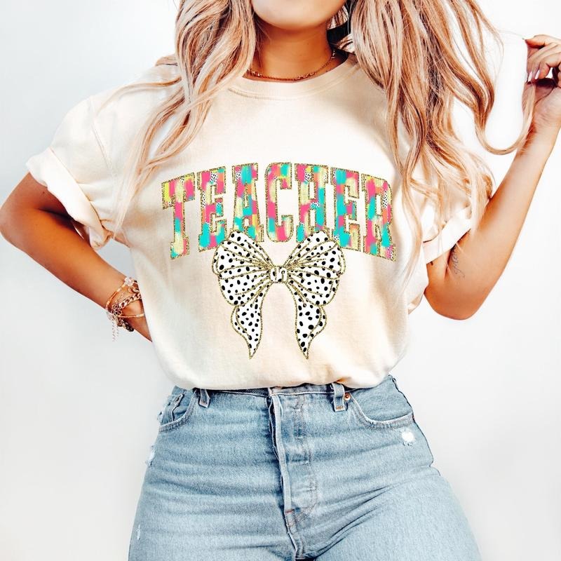 Colorful Coquette Teacher T-Shirt, Retro Teacher, Coquette Teacher Bow Dalmatian Dots, brushstroke, Gift for Teacher,...