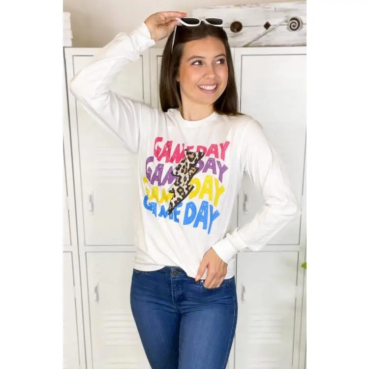 Colorful Game Day Leopard Lightning Bolt Long Sleeve Shirt Hoodie, Sweatshirt | GrindPrints.com