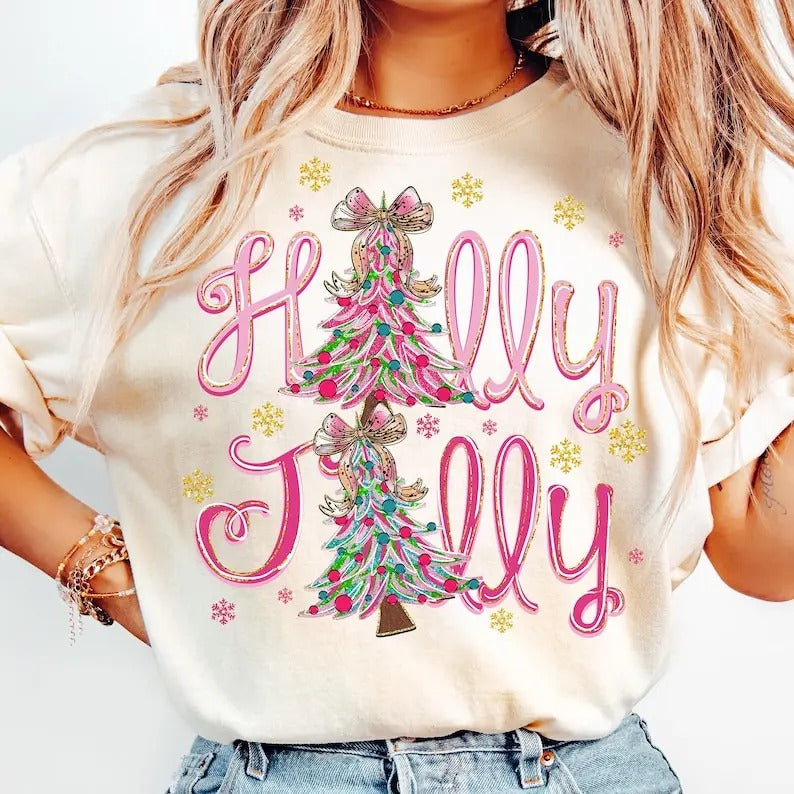 Colorful Glitter Holly Jolly , Christmas , Glitter Coquette Christmas Tree , Christmas , Christmas Coquette , Brushstroke...