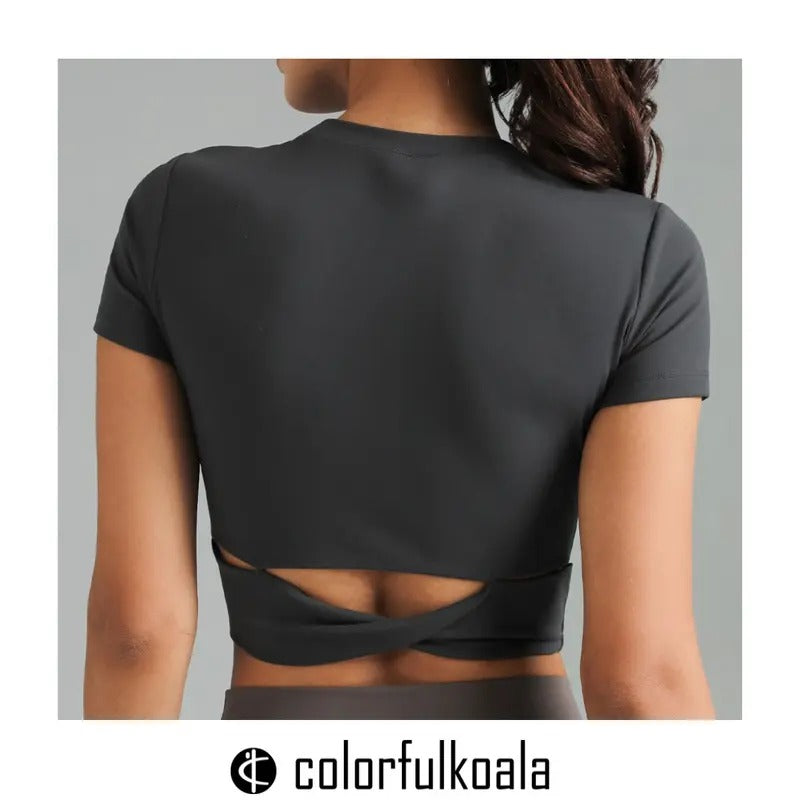 Colorfulkoala Women's Dreamlux Cross-Back Crew Neck Top with Short Sleeves Form-Fitting Athletic Shirt Hoodie, Sweatshirt