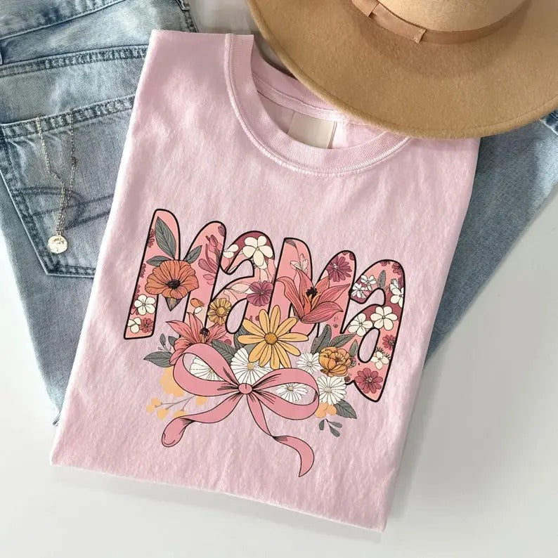 Comfort Color Floral Coquette T-shirt, Pink Bow Tee Floral Mama T-shirt, Vintage Floral Tee, Mothers Day Gifts, Retro...