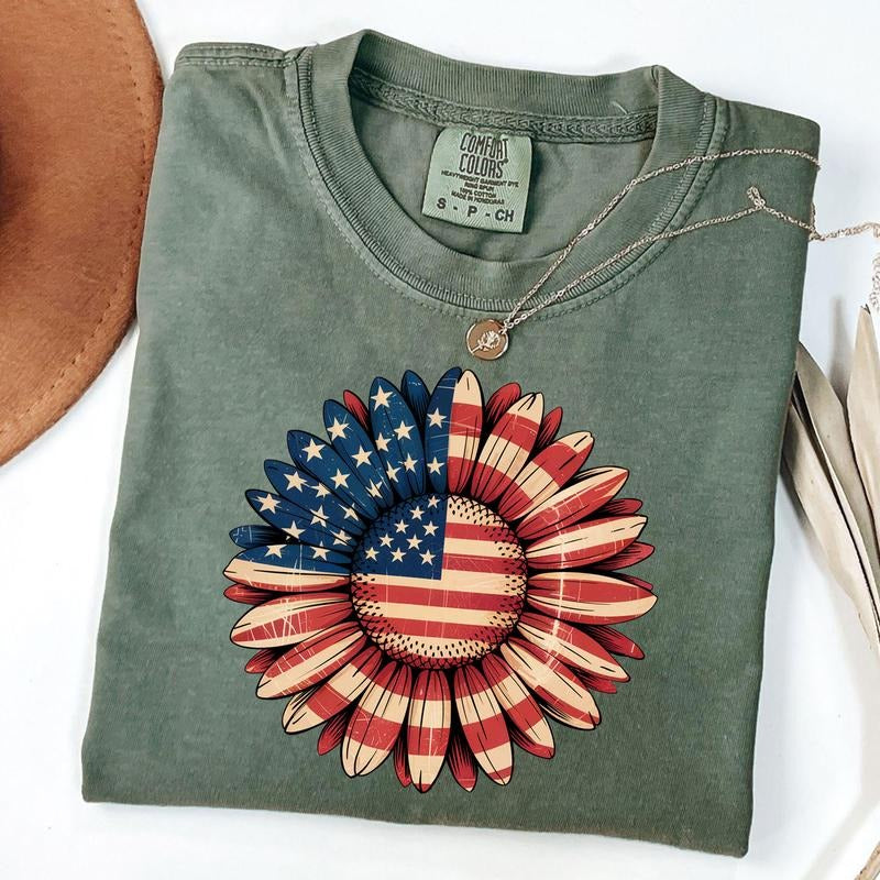 Comfort Colors America Sunflower Shirt, USA Flag Flower T-Shirt, Patriotic Sunflower Tee Hoodie, Sweatshirt | GrindPrints.com