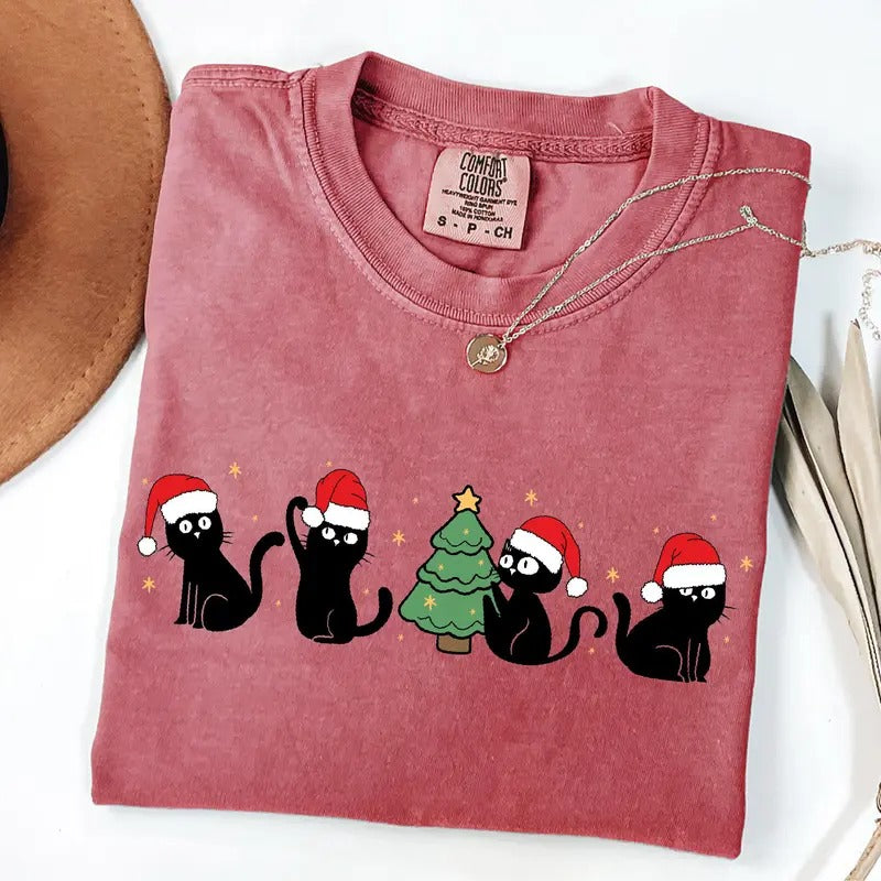 Comfort Colors Black Cat Christmas Tree Shirt, Cat Lover Gift For Christmas, Merry Christmas Shirt, Womens Holiday Shirt...