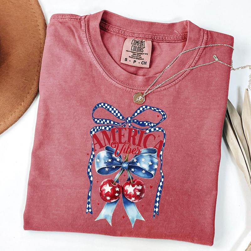 Comfort Colors Checkered America Cherries Shirt, America Vibes T-Shirt, Cherry Bow 4th Of July Tee Hoodie, Sweatshirt