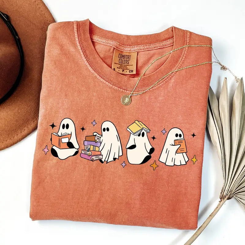 Comfort Colors Cute Ghosts Reading Books Shirt, Cute Little Ghost Shirt, Coffee Lover Ghost, Spooky Season Shirt, Fall...