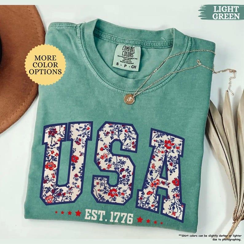 Comfort Colors Floral USA Shirt American Girl Shirt USA Est 1776 Shirt Girly 4th July Shirt Patriotic Shirt Flower USA Shirt T-Shirts, Hoodie, Sweatshirt