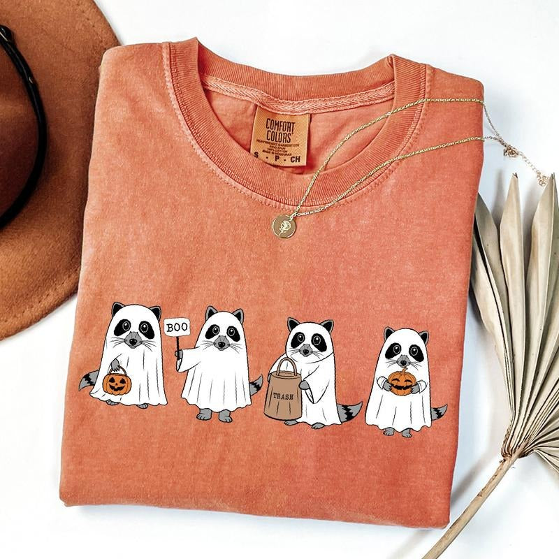 Comfort Colors Ghost Raccoon Halloween Shirt, Retro Raccoon Tee, Cute Raccoon Shirt, Women's Pumpkin Gift, Spooky Season...
