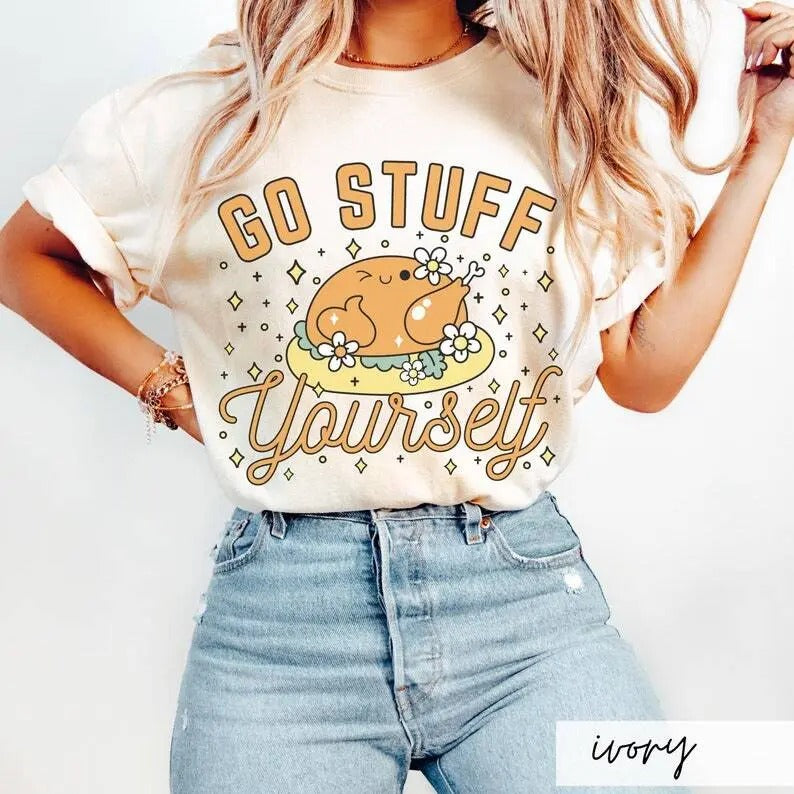 Comfort Colors Go Stuff Yourself Shirt, Funny Kawaii Cartoon Prank Turkey Day Shirt, Rude Thanksgiving Tee, Irreverent...