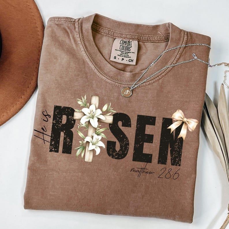 Comfort Colors He is Risen Shirt, Retro Easter T-shirt, Easter Christian Shirt, Easter Bible Verse Tee, He is Risen Bow...