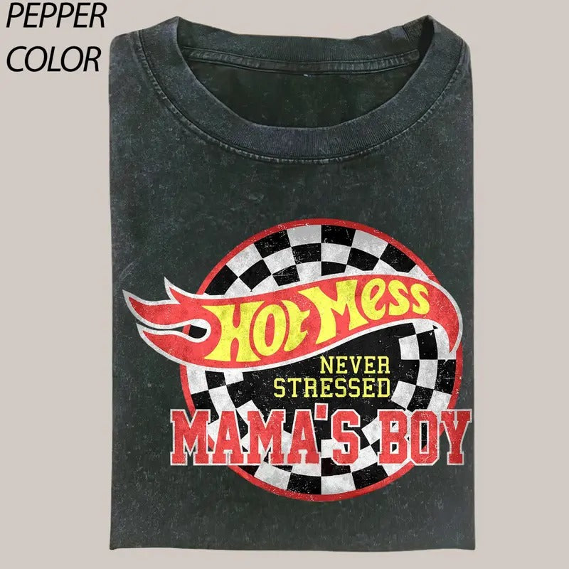 Comfort Colors Hot Mess Mama Boy Stressed Vintage Graphic Shirt, Bleached Mom T-Shirt, Boy Mama Race Car Mom Shirt,...