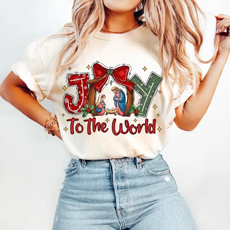 Comfort Colors Joy To The World Shirt, Coquette Jesus Christmas Shirt, Christian Christmas T-Shirt Hoodie, Sweatshirt