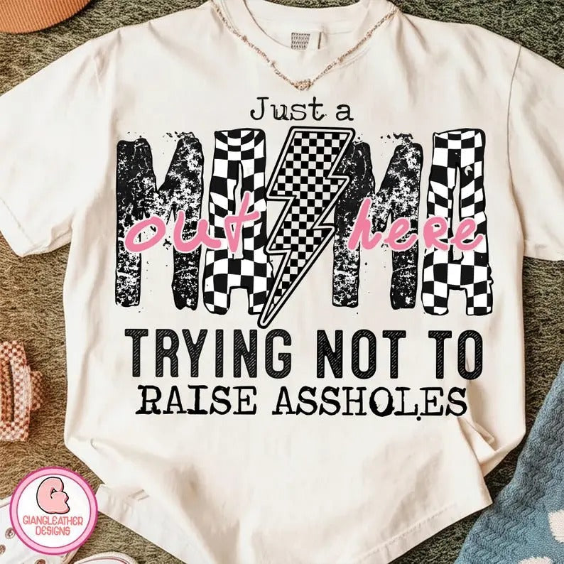Comfort Colors Just A Mom Out Here T-shirt, Funny Mom Tshirt, Sassy Mama Shirt, Motherhood Sarcasm Mom T shirt, Checkered...