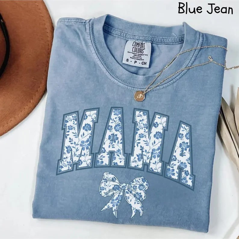 Comfort Colors Mama Shirt, Blue Ribbon Shirt, Mothers Day Gift, Girly Aesthetic Gift For Mom, Cute Mom Shirt, Bow Shirt,...