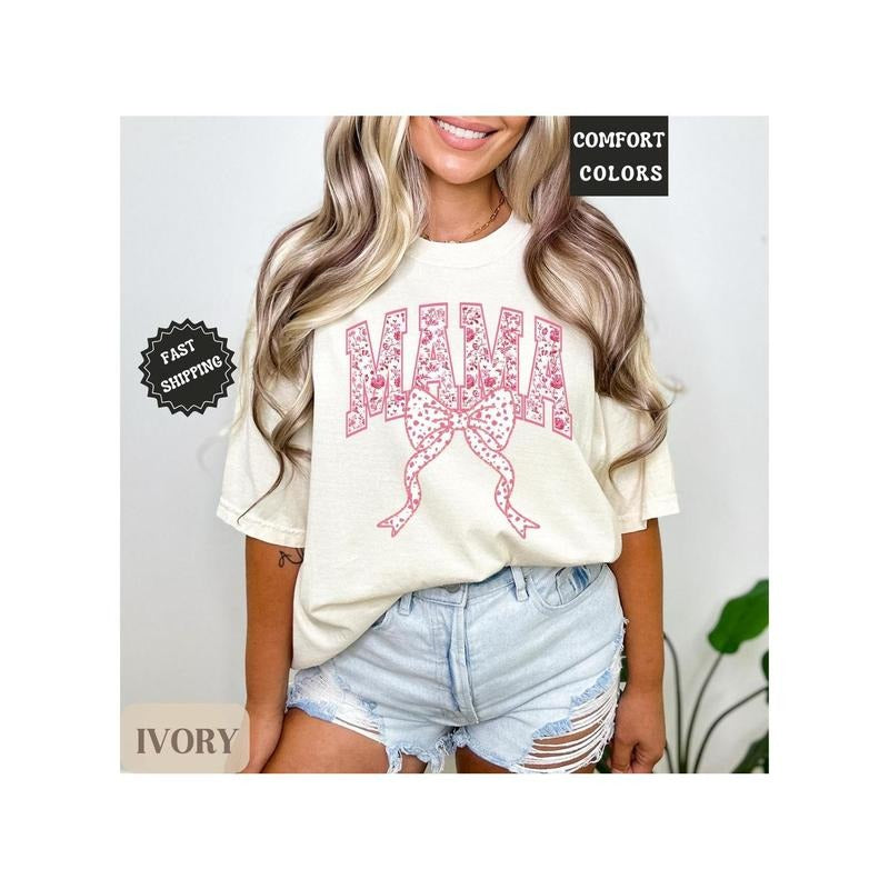 Comfort Colors Mama Shirt, Pink Ribbon Shirt, Mothers Day Gift, Girly Aesthetic Gift For Mom Hoodie, Sweatshirt