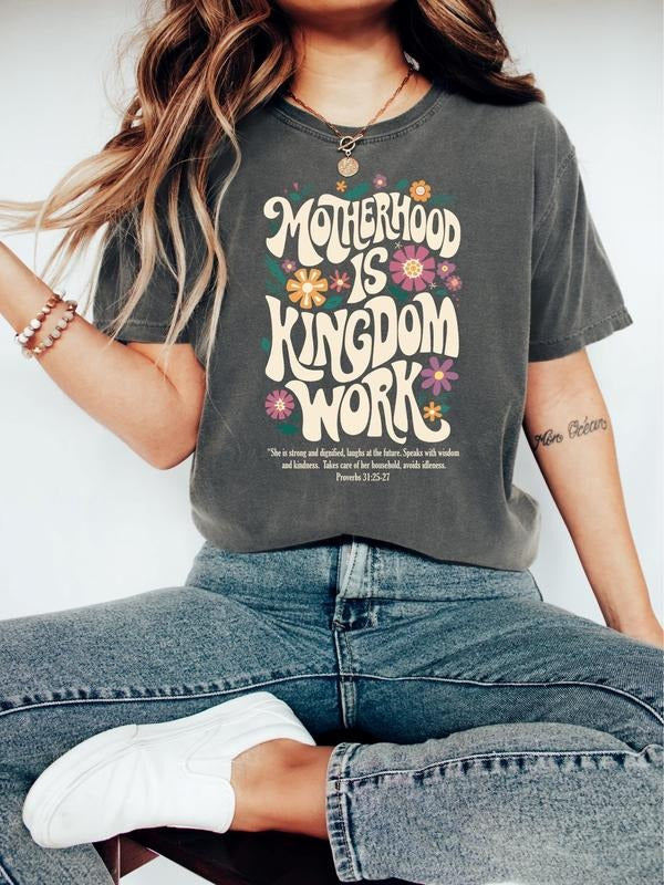 Comfort Colors Motherhood is Kingdom Work Shirt, Christian Mom Shirt, Retro Christian Mom T-Shirt, Christian Mothers Day...