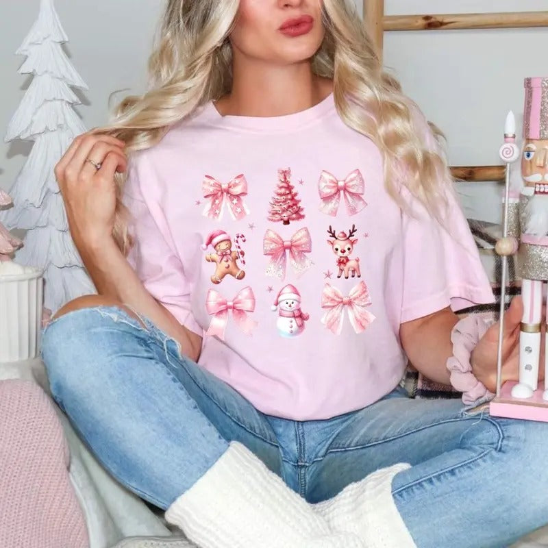 Comfort Colors Pink Christmas Coquette Women's Short Sleeve Cotton Casual Graphic T-Shirt