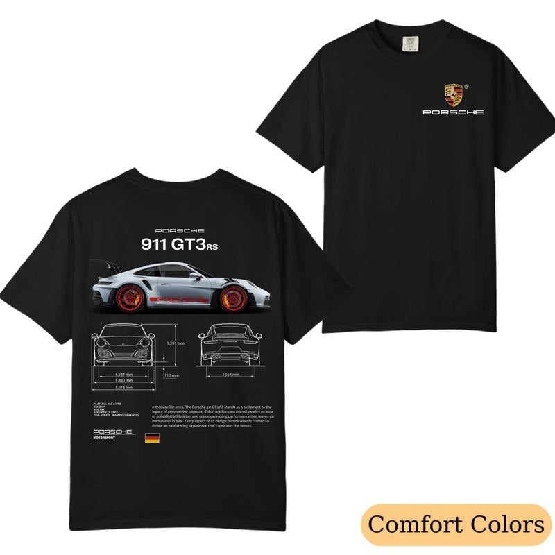 Comfort Colors Porsche 911 GT3 RS Aesthetic T-Shirt, 2-Sided Car Graphic Tee, Trendy Menswear Streetwear Casual Top...