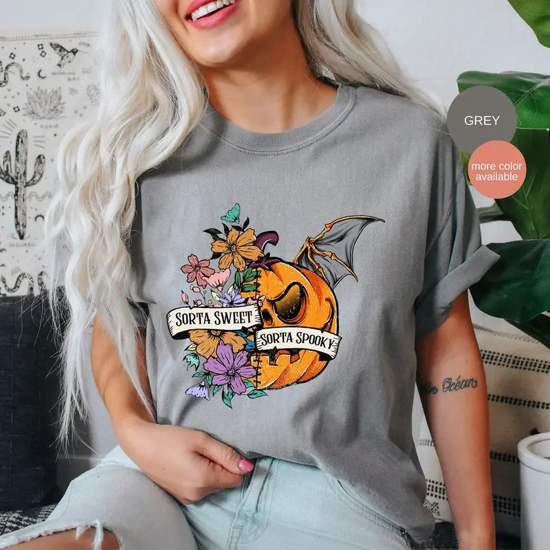 Comfort Colors Sorta Sweet Sorta Spooky Halloween Shirt, Halloween Wildflower Shirt, Halloween Pumpkin Tee Womenswear...