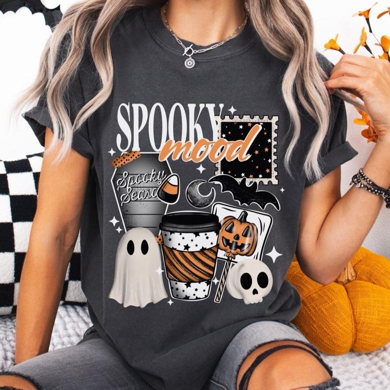 Comfort Colors Spooky Mood Women's Short Sleeve Casual Cotton Graphic Tshirt with Halloween Design Hoodie, Sweatshirt
