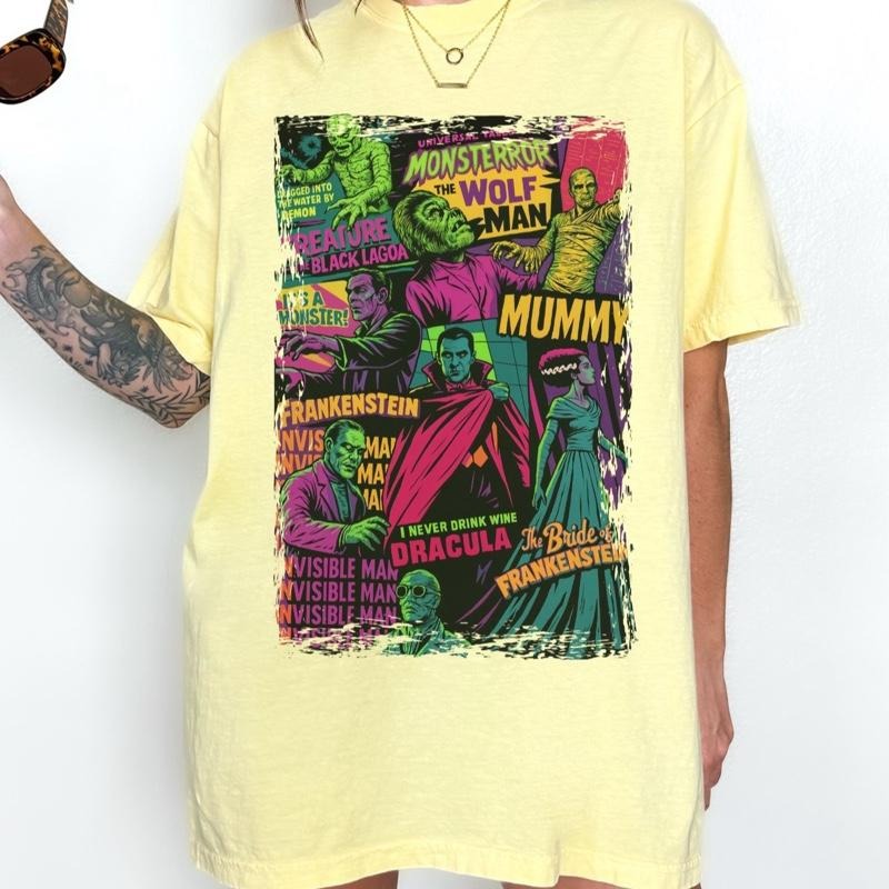 Comfort Colors Vintage Monster Movies Women's Short Sleeve Casual Cotton Graphic Tshirt