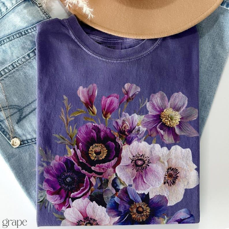 Comfort Colors Vintage Pressed Flowers Shirt Boho Cottagecore Tshirt Botanical Purple Floral Tee Wildflowers Top Anemones...