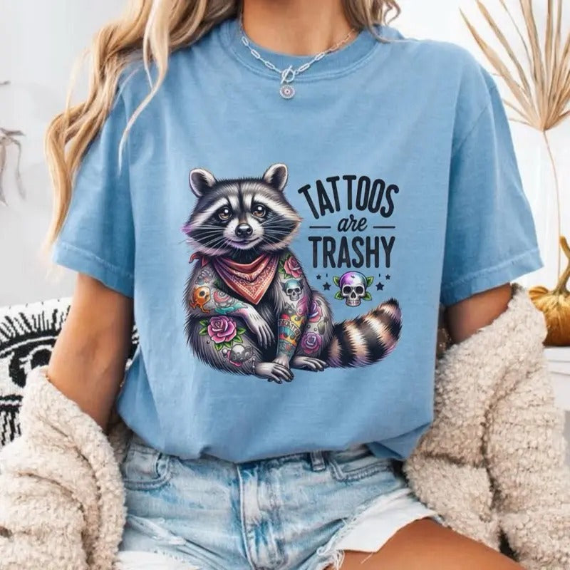 Comfort Colors Women's Casual Cotton Graphic T-Shirt with Raccoon Design and "Tattoos are Trashy" Text, Short Sleeve Top