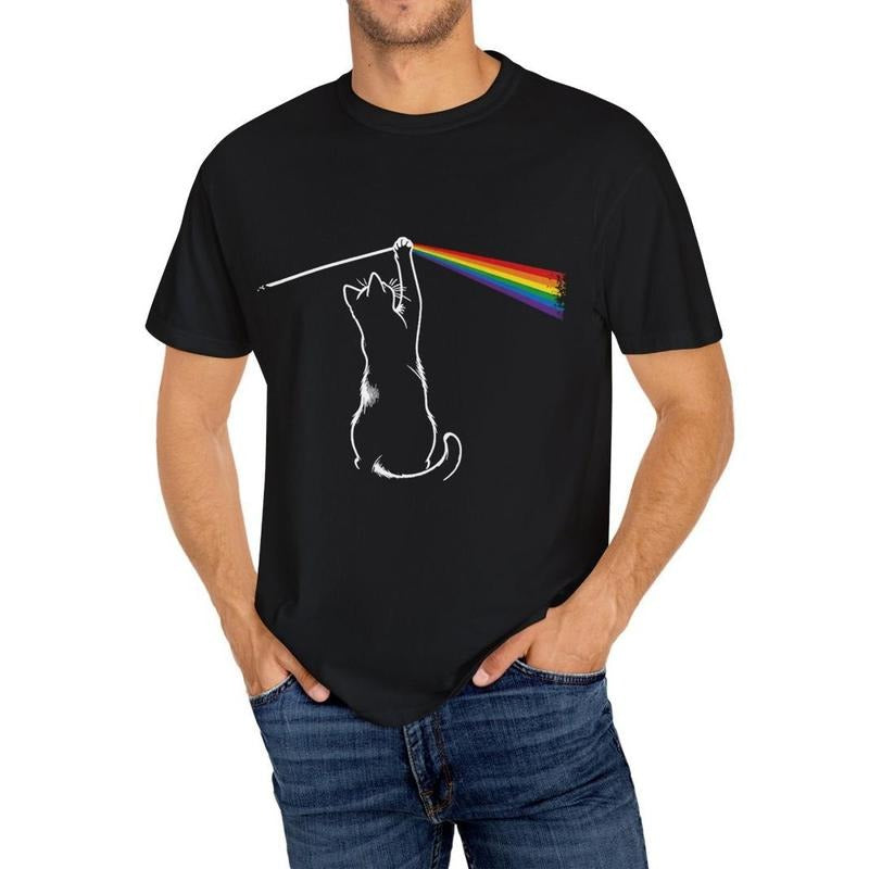 Comfy Fit Men's Summer T-Shirt - Exercise & Fitness Clothing, Trendy Short Sleeve Tee with Cat & Rainbow Print,...