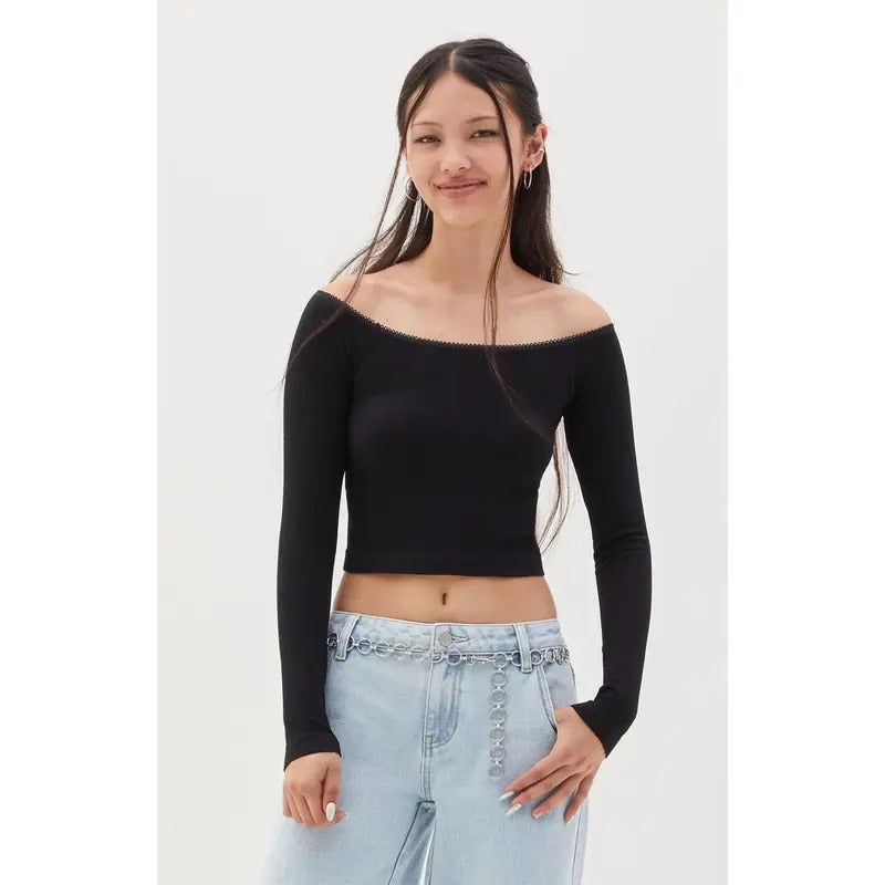 Contour Women's Samantha Lace Trim Seamless Long Sleeve Top T-Shirts, Hoodie, Sweatshirt | GrindPrints.com