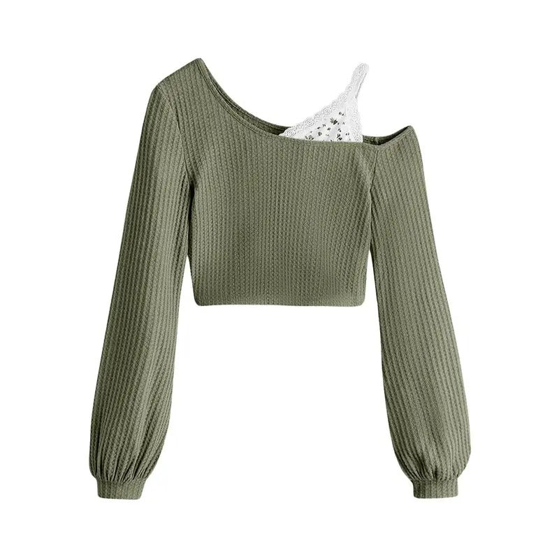 Contrast Lace Cold Shoulder Crop Tops Long Sleeve Asymmetrical Knit T-Shirt Top Hoodie, Sweatshirt | GrindPrints.com