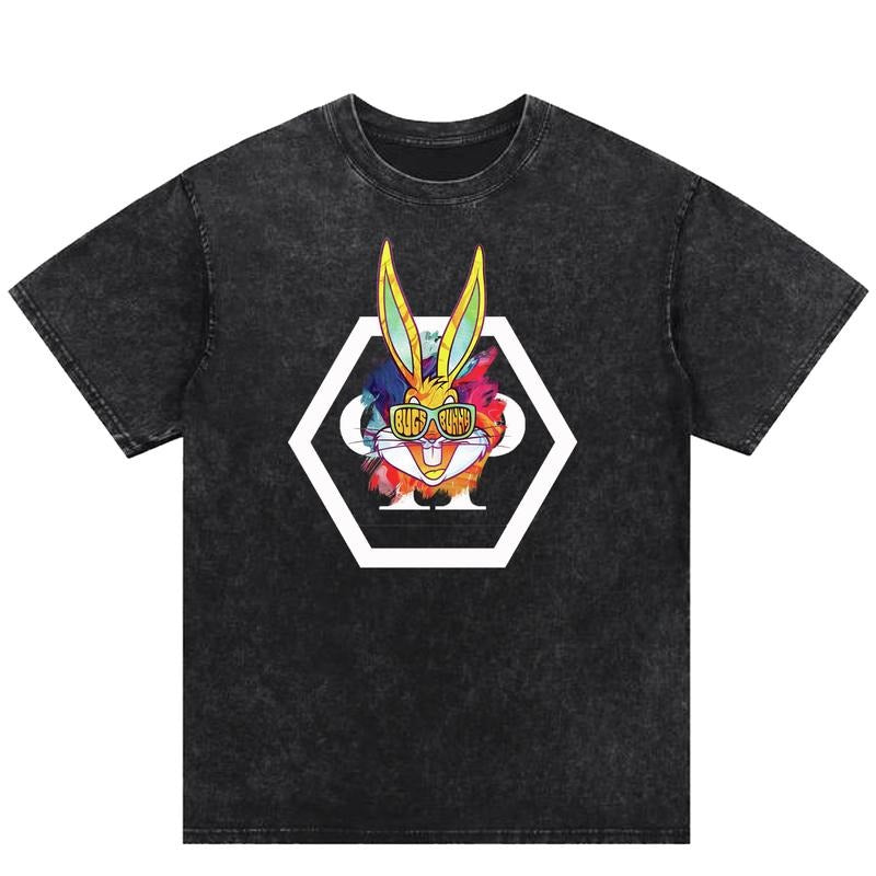 Cool Bunny Print Washed T-Shirt: Rock the American Street Fashion Hoodie, Sweatshirt | GrindPrints.com