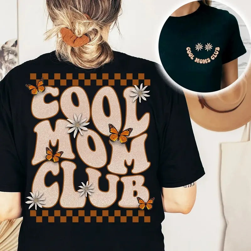 Cool Moms Club T-Shirt, Checkered Butterfly Mom Shirt, Floral Mama Shirt, Vintage Mama Shirt, Retro Mama Shirt, Cool Mom...