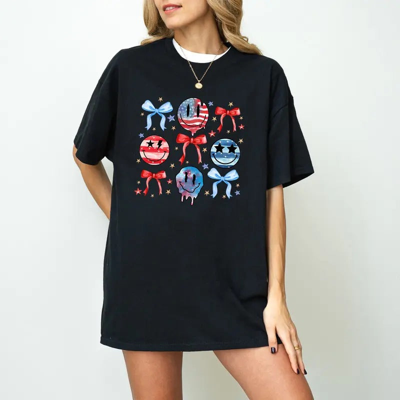 Coquette American Girly T-Shirt, American Flag Bow Tee Shirt, 4th Of July Smiley Face Sweatshirt, Smiley Face American...