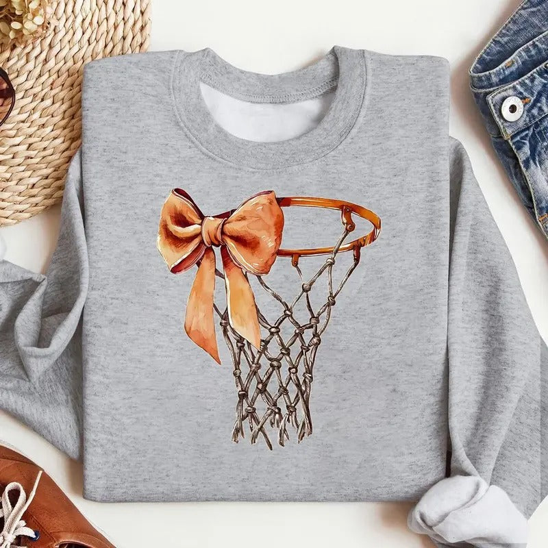 Coquette Bow Basketball Game Day Hop Crewneck Sweatshirt, Basketball Mama, Basketball Mom, Coquette Basketball Game Day,...