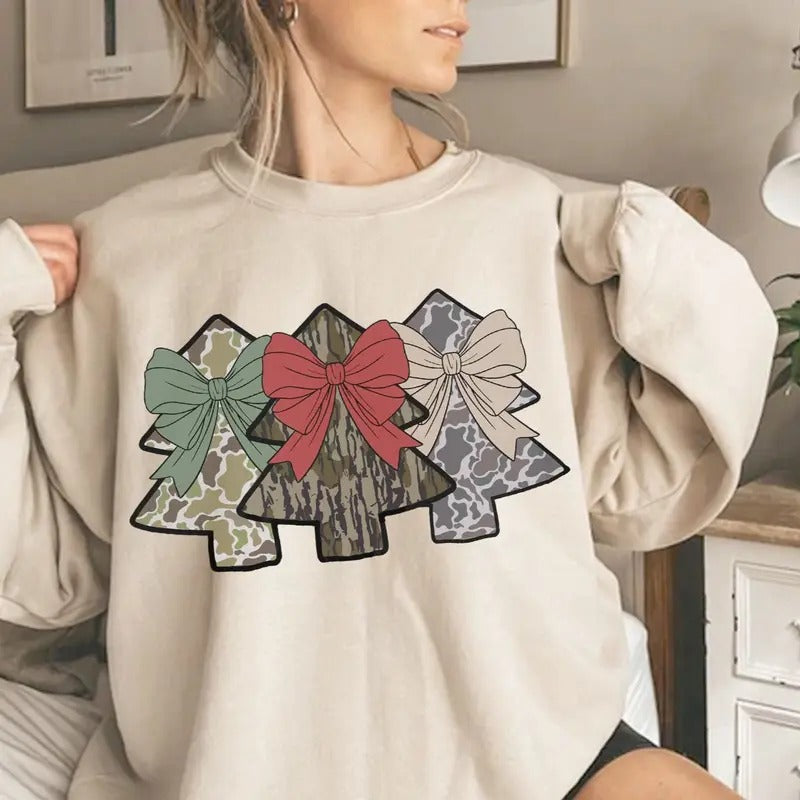 Coquette Bow Camo Christmas Trees Hunting Crewneck Sweatshirt, Retro Camo Bottomland Shirt Hoodie | GrindPrints.com